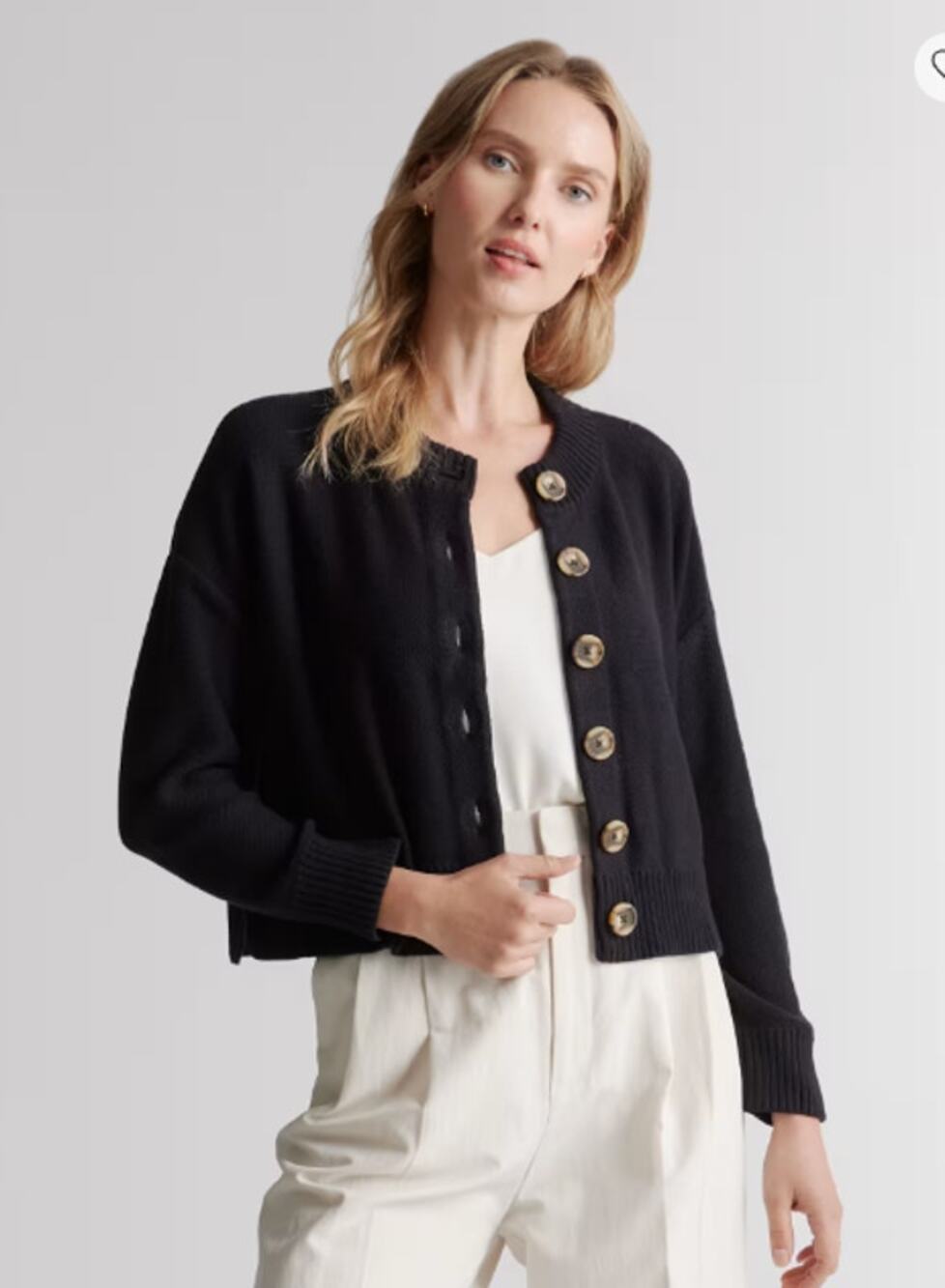 Quince 100% Organic Cotton Long Sleeve Cropped Cardigan Sweater Black Womens M